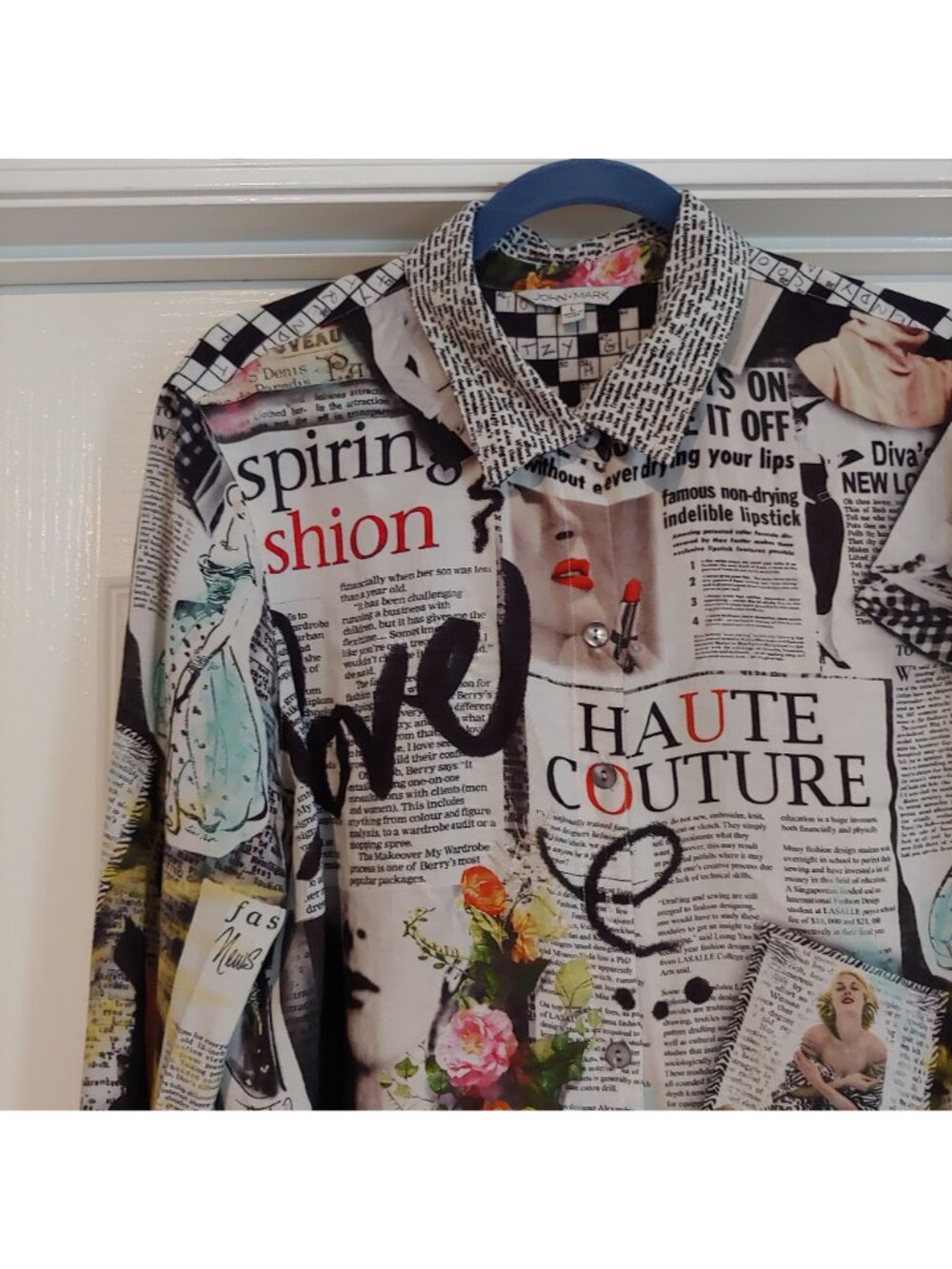 John Mark Oversize Blouse Haute Couture Newspaper Print Art Interesting L - Picture 2 of 11